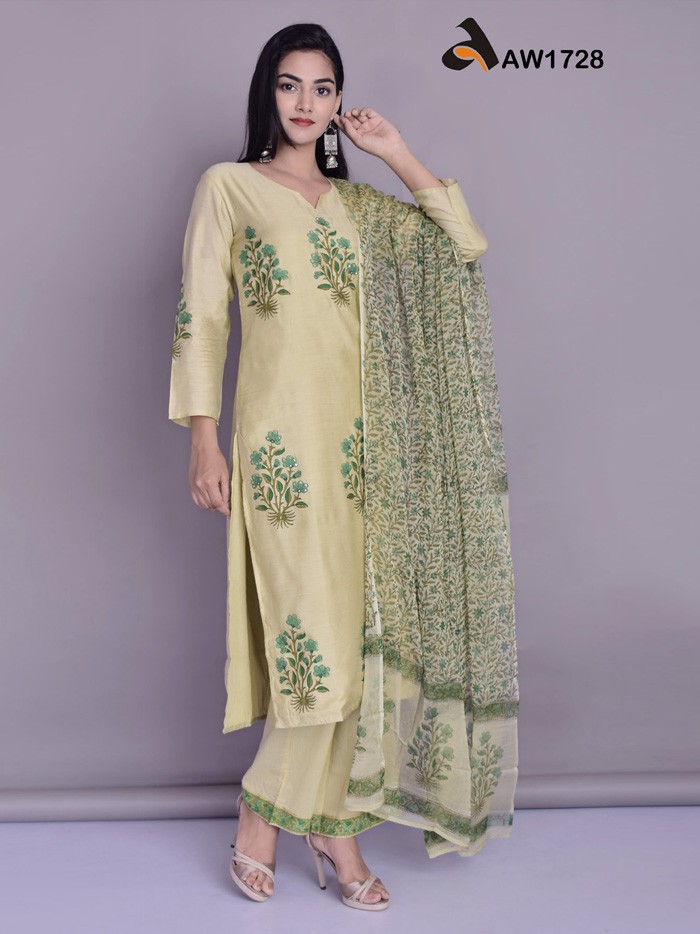 Mughal Boota Mehandi Green Silk Kurta Set