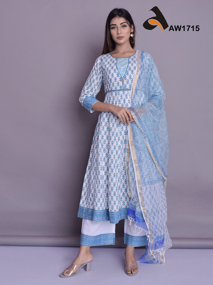 Sky Blue Handblock Kalidar Kurta Set with Matching Dupatta