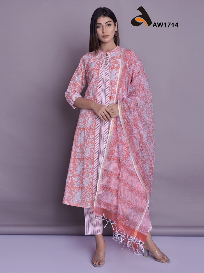 Coral Pink Handblock A-Line Kurta Set with Matching Dupatta