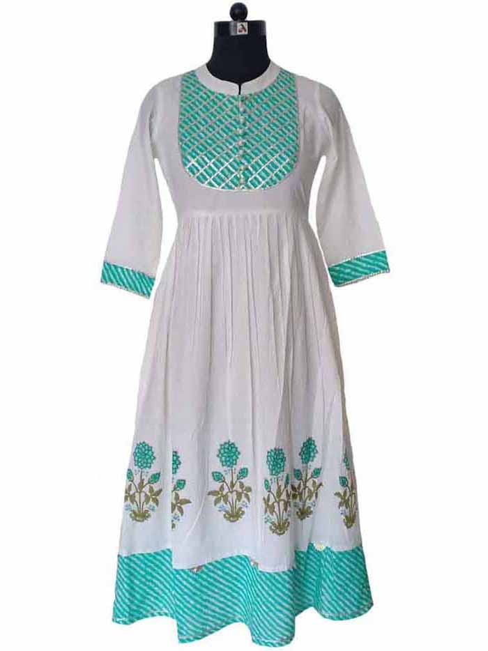 White and Rama Green Frock Style Dress with Lahariya Dupatta