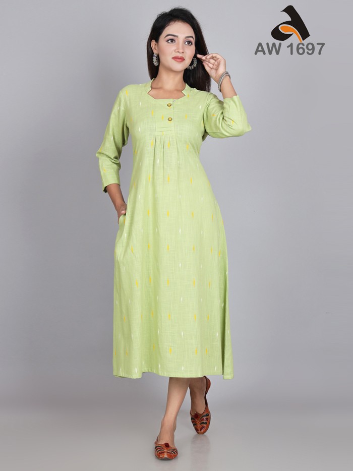 Parrot Green Ikkat Print Kurti with Stylish Neck