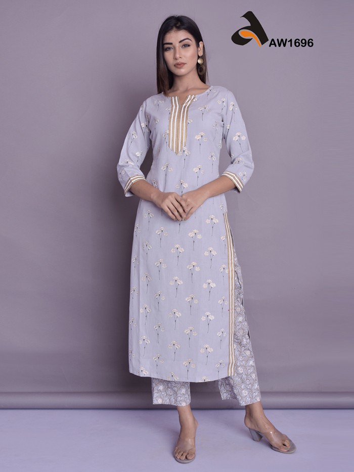 Light Grey Floral Print Kurta and Palazzo Set with Gold Accents