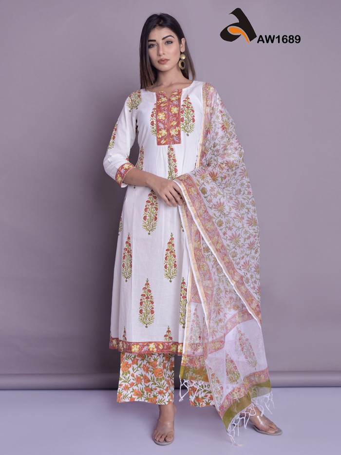 Off-White Hand Block Print Kurta Palazzo Set with Doriya Dupatta