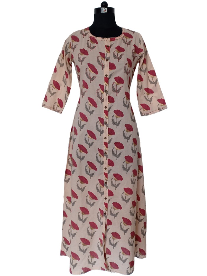 Peach Mughal Print Kurti with Handcrafted Katha Work