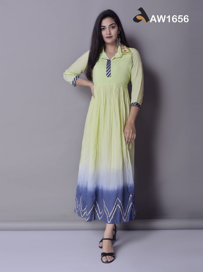 Exquisite Gota Patti Festive Dress in Pista Green and Midnight Blue