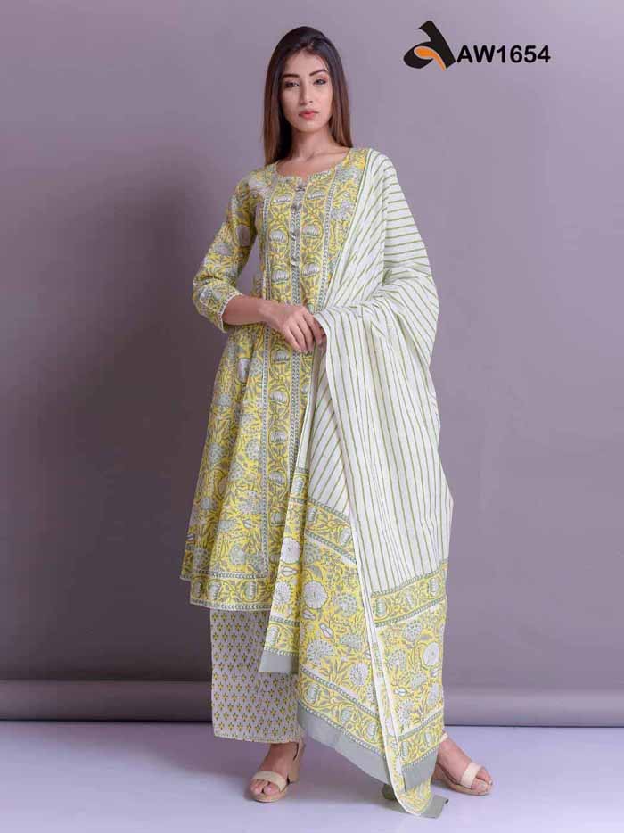 Lemon Yellow Mughal Jaal Handblock Kurta Set