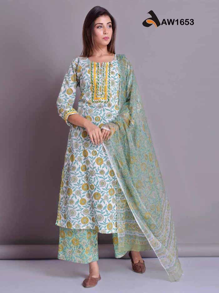 Fern Green Floral Handblock Kurta Palazzo Set with Chiffon Dupatta