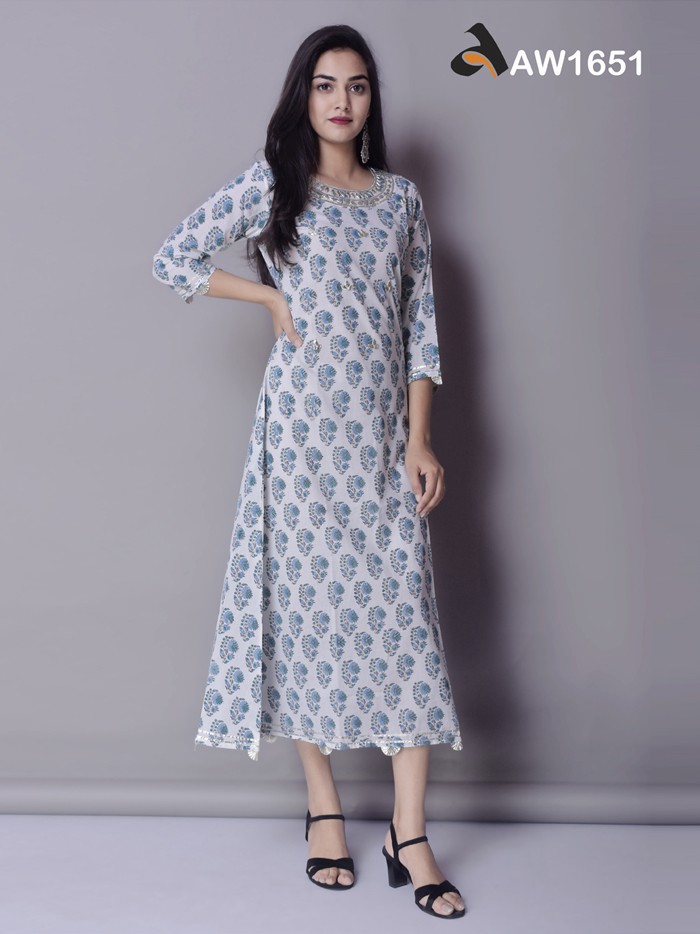 Light Blue Handblock A-Line Kurta with Gota Accents