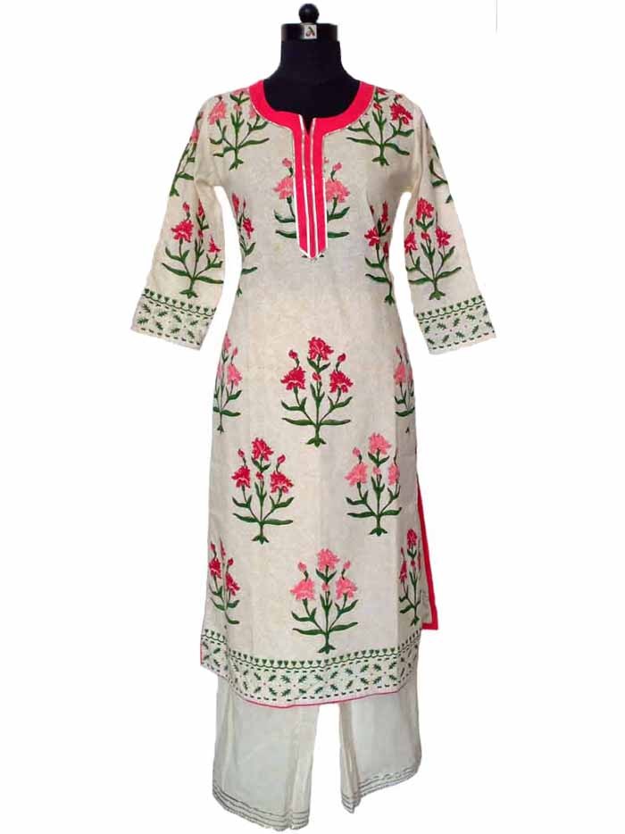 Off-White Mughal Print 2-Piece Kurta Set with Yellow Jaal Block Print