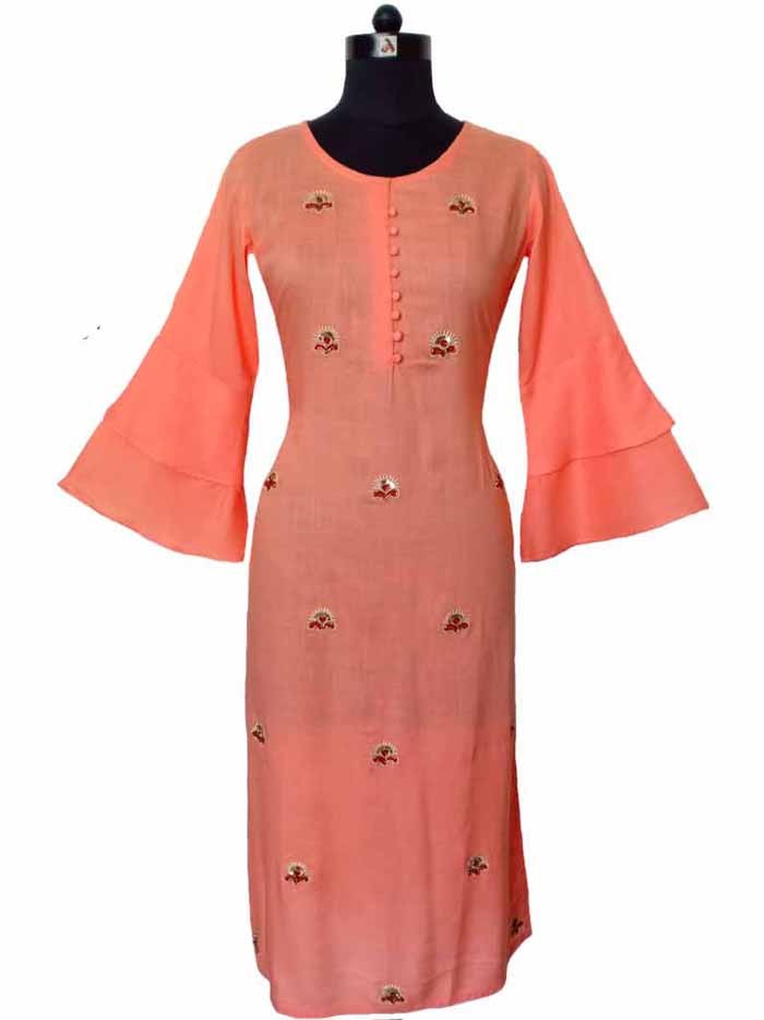 Peach Bell Sleeve Embroidered Kurta