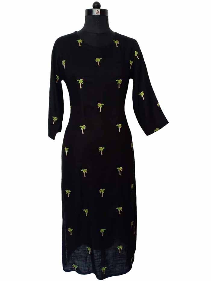 Black Coconut Tree Embroidered Long Kurta