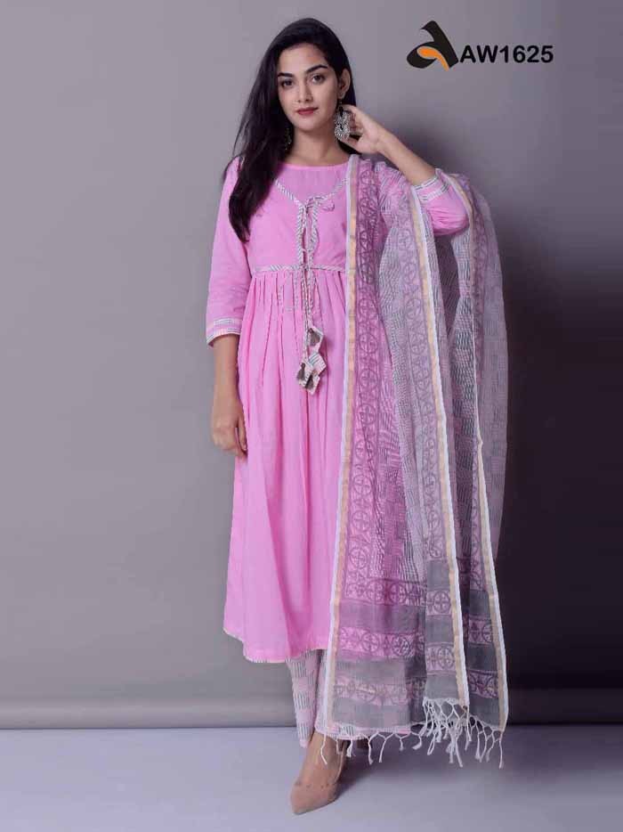 Cotton  3-Piece Dress with Hand Block Prints & Kota Doriya Dupatta