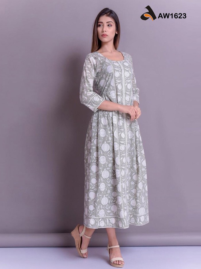 Frock-Style Dress with Designer Hand-Blocked Print