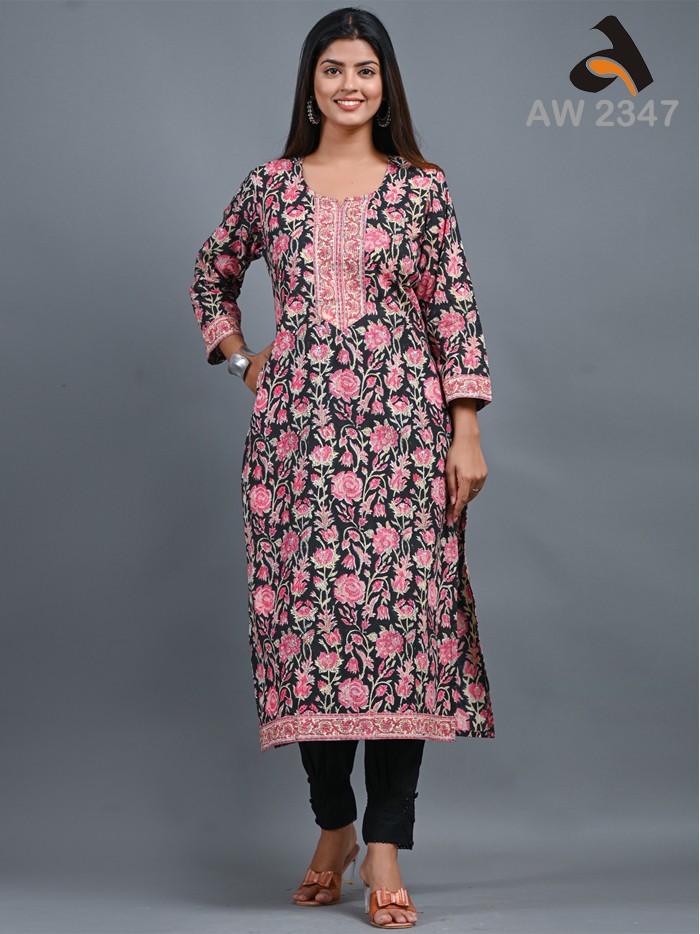 Black Floral Handblock Jaal Print Kurta