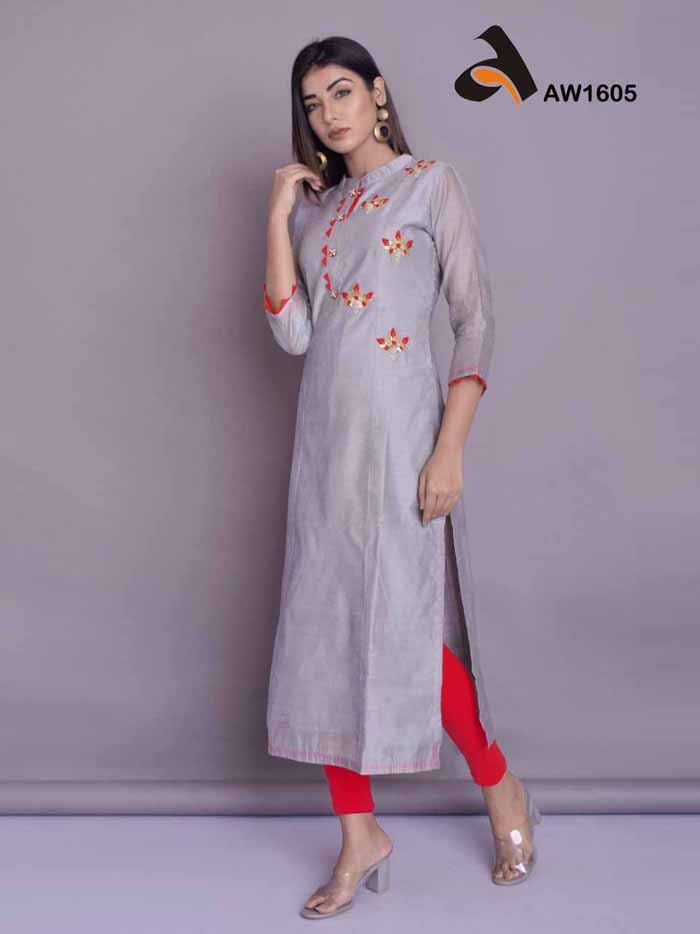 Silver Grey Chanderi Kurta with Zardozi and Red Embroidery