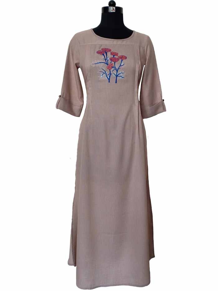 Floral Embroidered Grey Checkered Kurta with Pleated Pintex