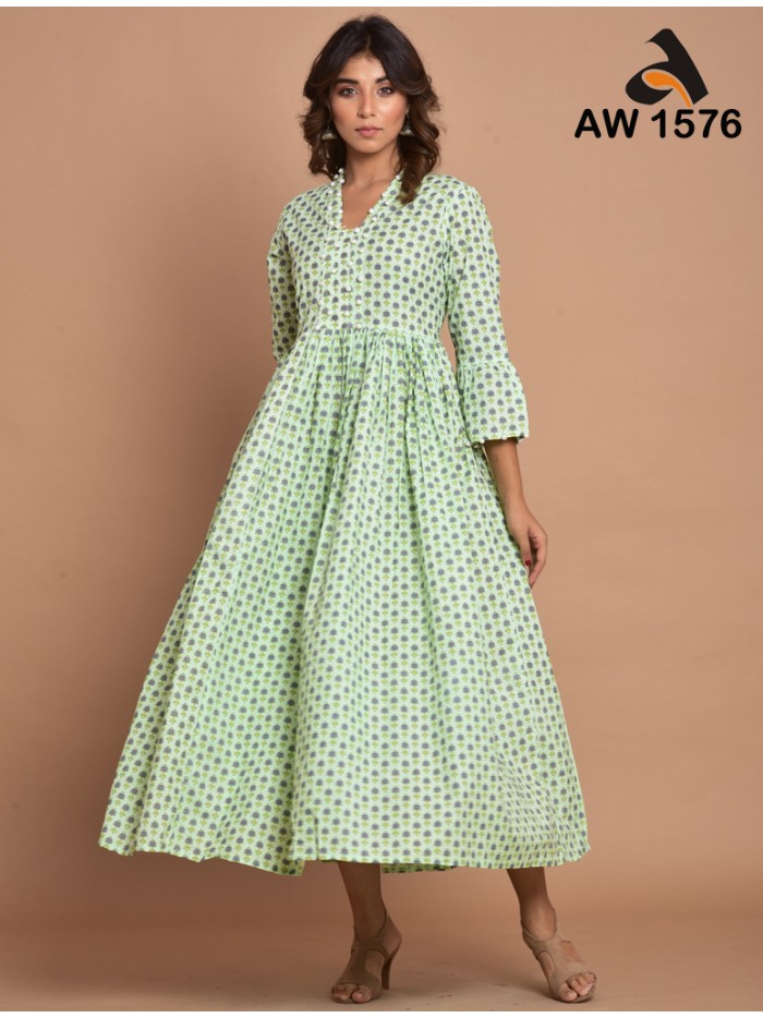 Ethnic Blooms: Light Green Frock-Style Dress