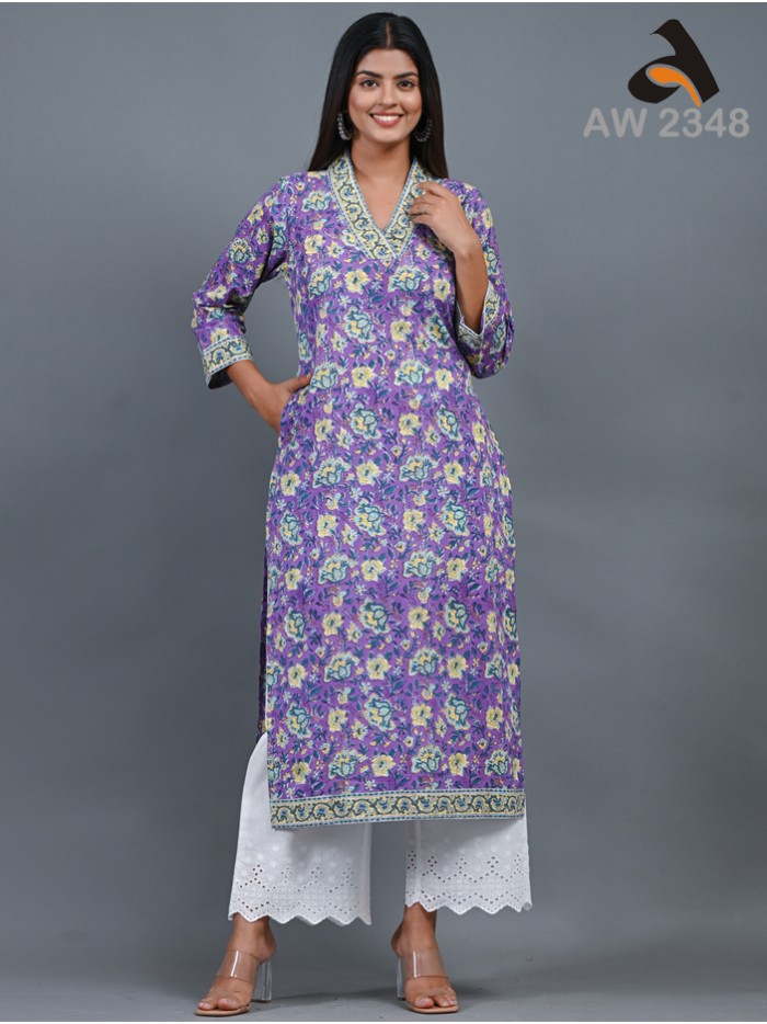 Eggplant Purple floral Handblock print cotton Kurta