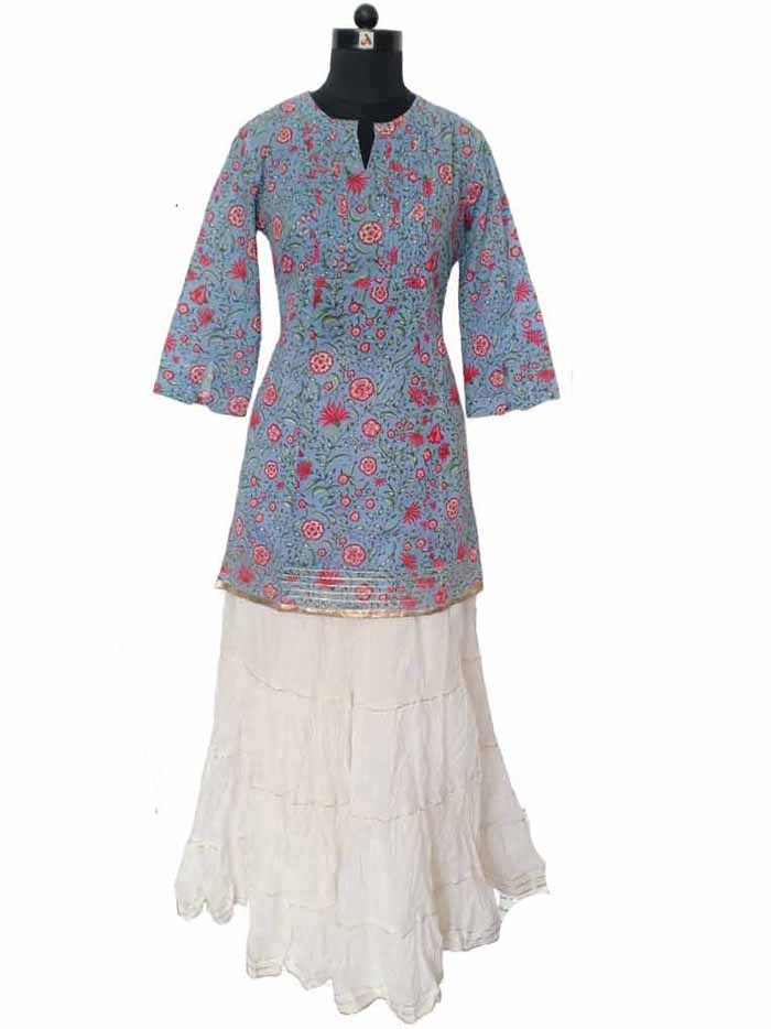 Pintex Block Print Short Length Kurtis With Off White Shararas