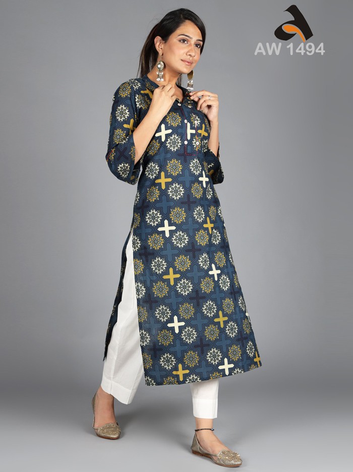 Blue Hand Katha work Straight Kurta  With Bell Flair's Sleeves