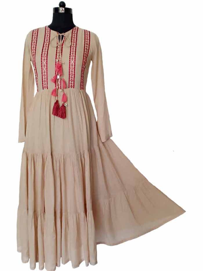 Embroidery Huge Flairy Dress In Multi Tier Pattern Size 38 Color Beige