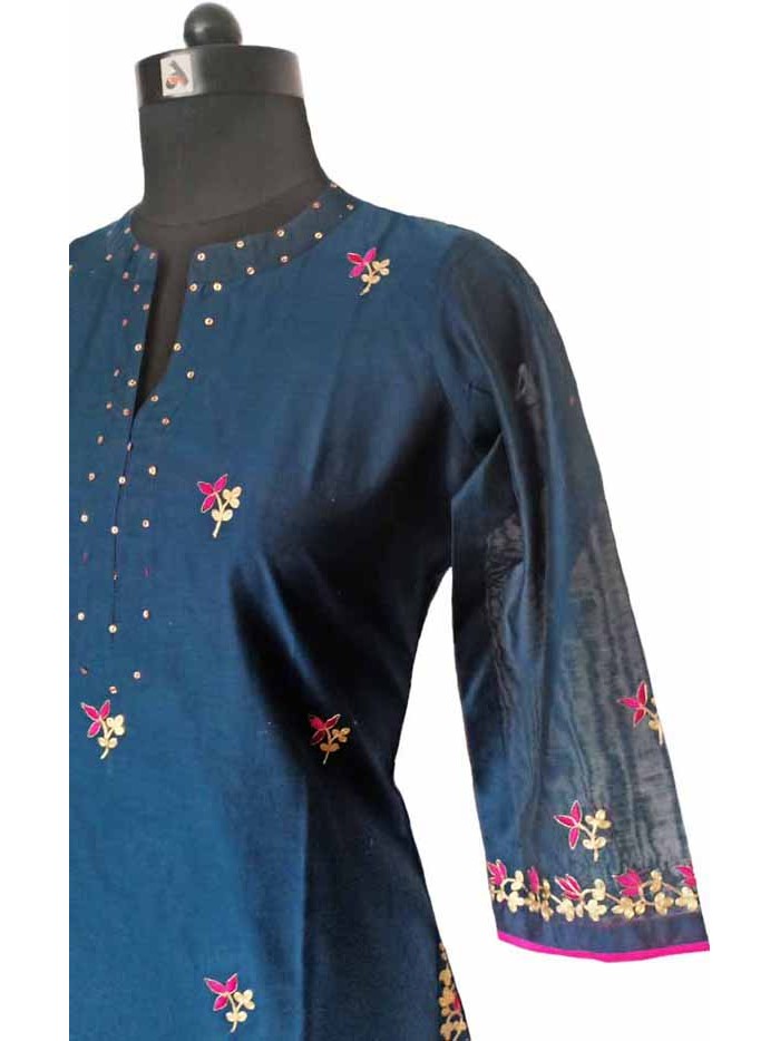 Royal Blue Embroidery Chanderi Straight Kurta