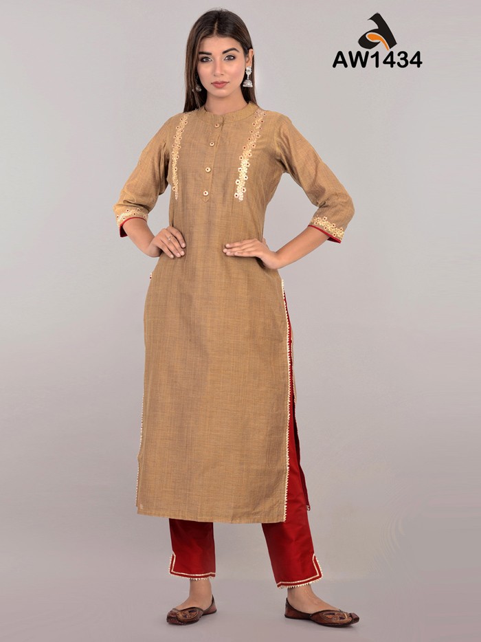 Brown Chanderi Embroidered Straight Kurta