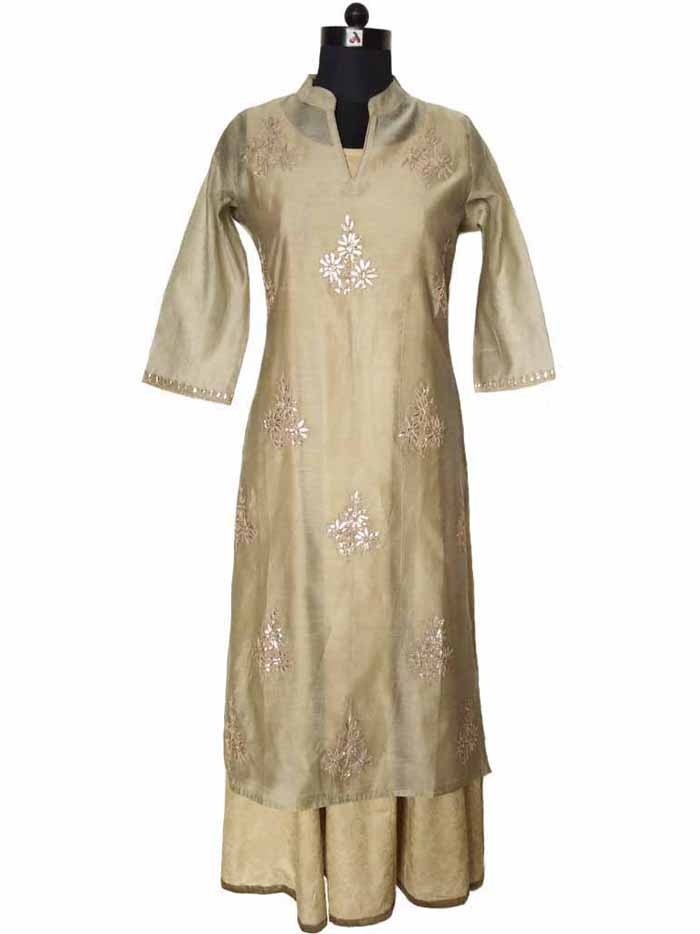 Beige Handblock Printed Chanderi Dress