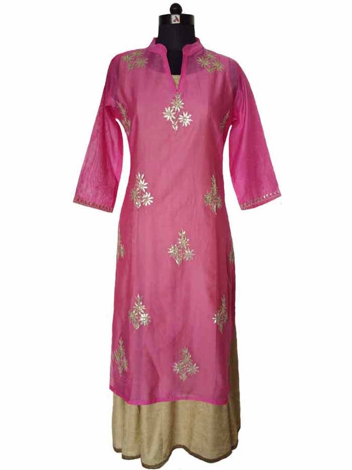 Pink Handblock Printed Chanderi Dress