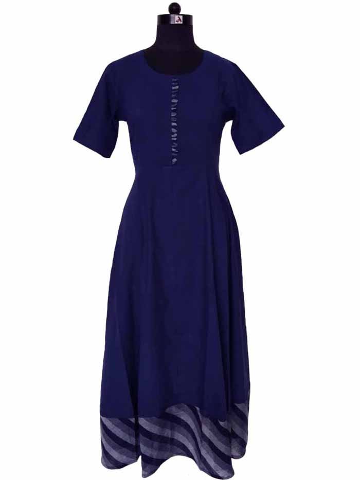 Navy Blue South Cotton Long Flairy Dress