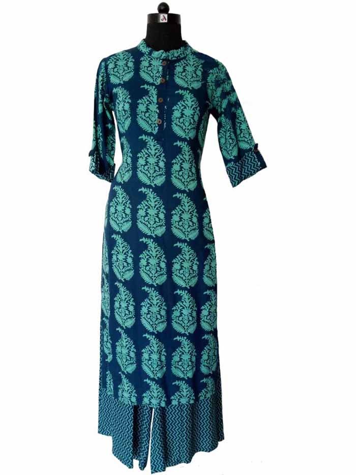 Teal Blue Ethnic Print Kurta & Palazzo Set