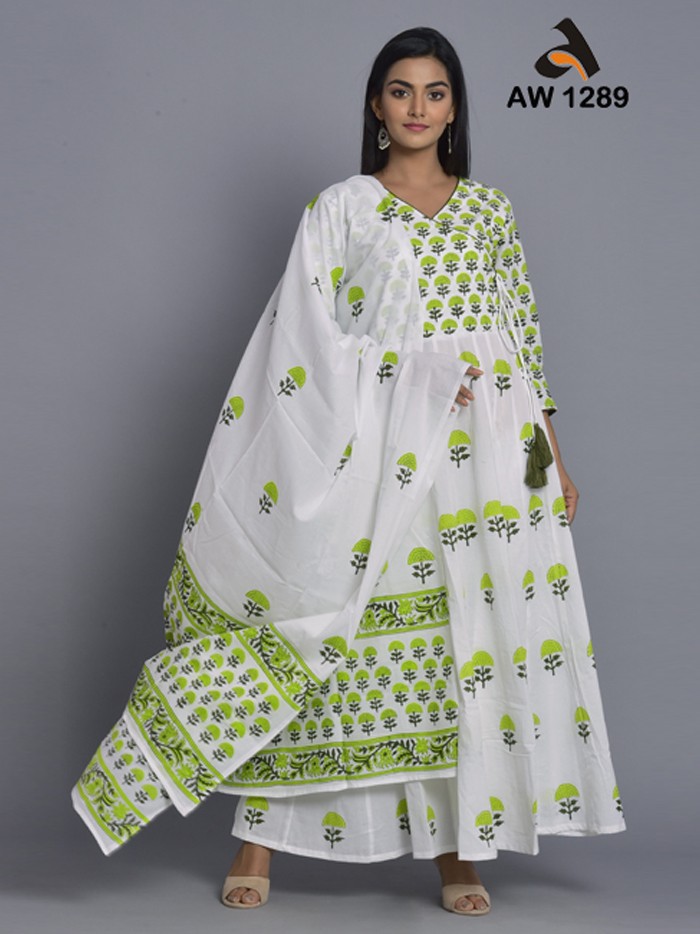 Handblock Cotton Flair Dress with Muslin Dupatta