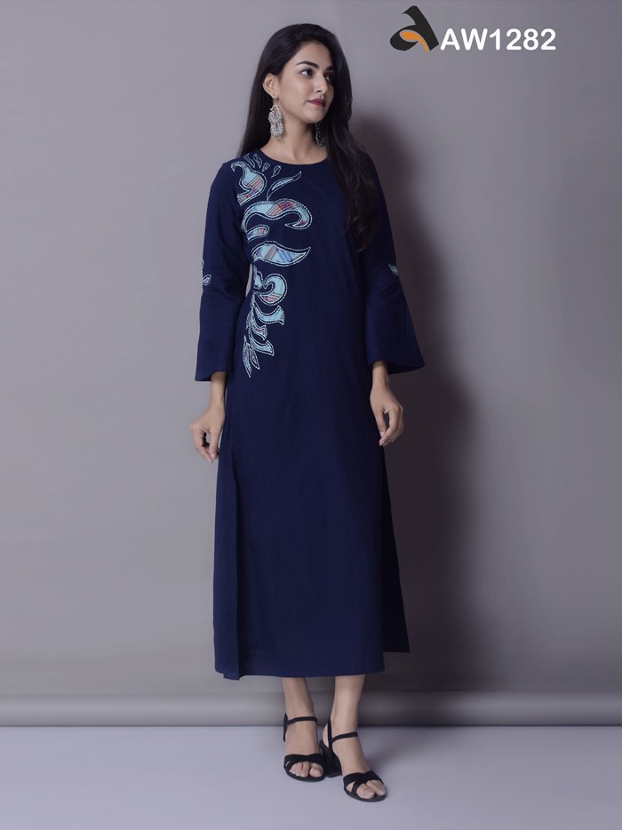 Dark Blue A-Line Kurta with Applique Work