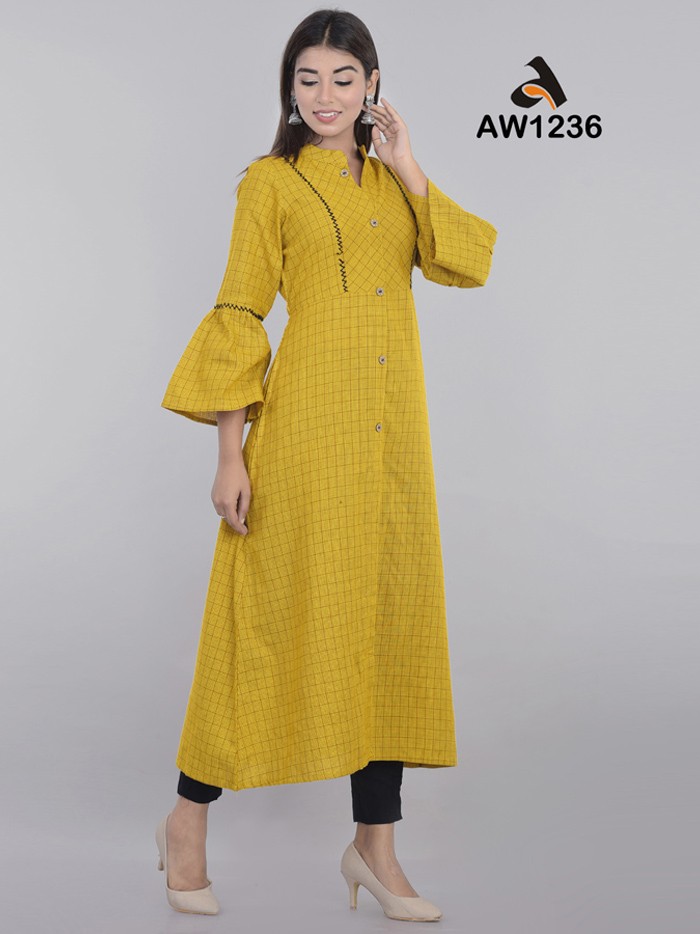 Yellow South Cotton Woven Checks Dress