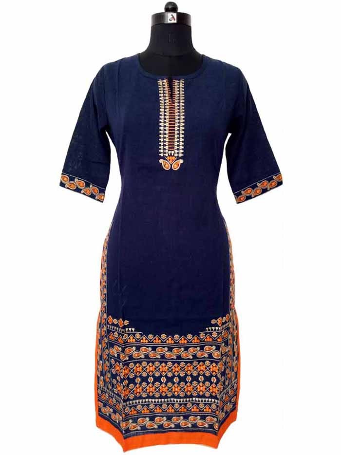 Embroidered Navy Blue Cotton Slub Kurta