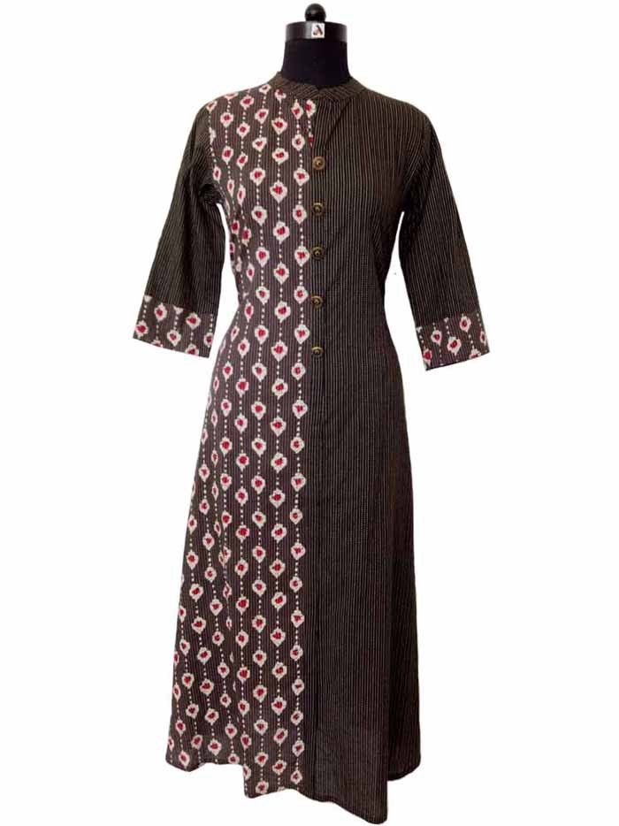 Half Half Pattern A-Line Cotton Kurta