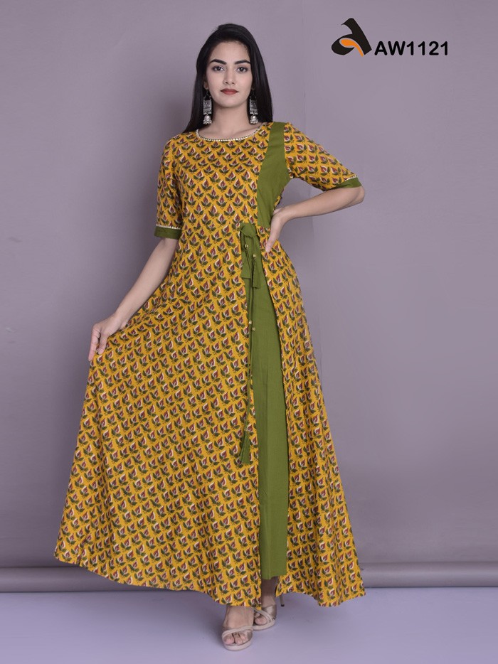 Yellow 2 pc Attached Floor Length A Line Dress