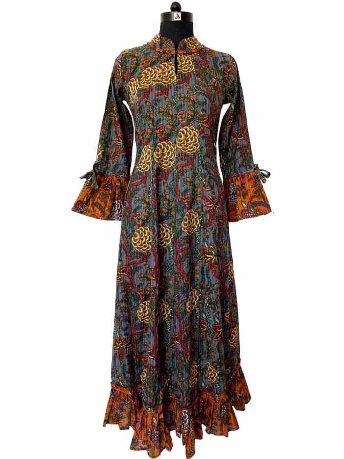 Jungle Floral Print Huge Flair Floor Length Dress