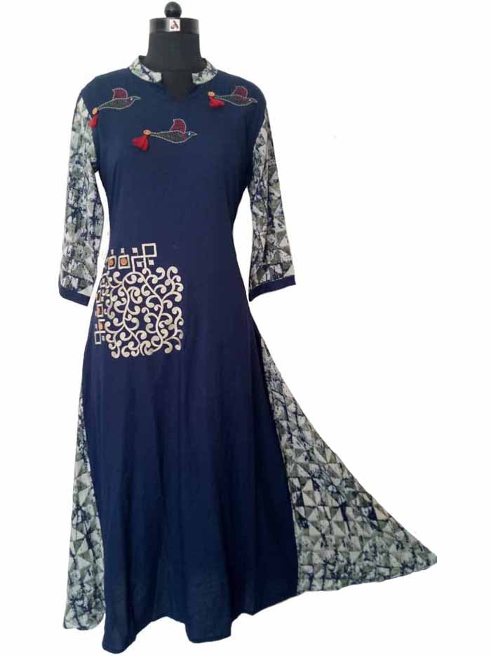 Dark Blue Embroidered Rayon Long A Line Kurta