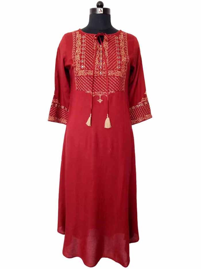 Maroon Embroidered Umbrella Pattern Rayon Kurti