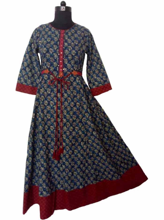 Embroidered Cotton Long Frock Style Dress Size 38 Color Navy Blue