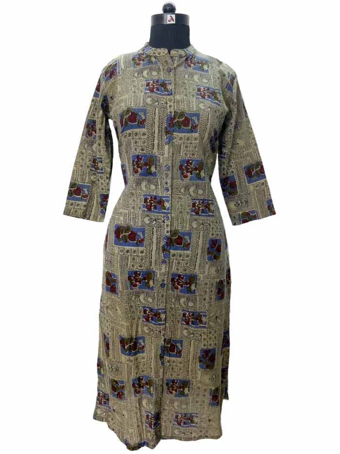 Green Sober Print Cotton Slub Kurta