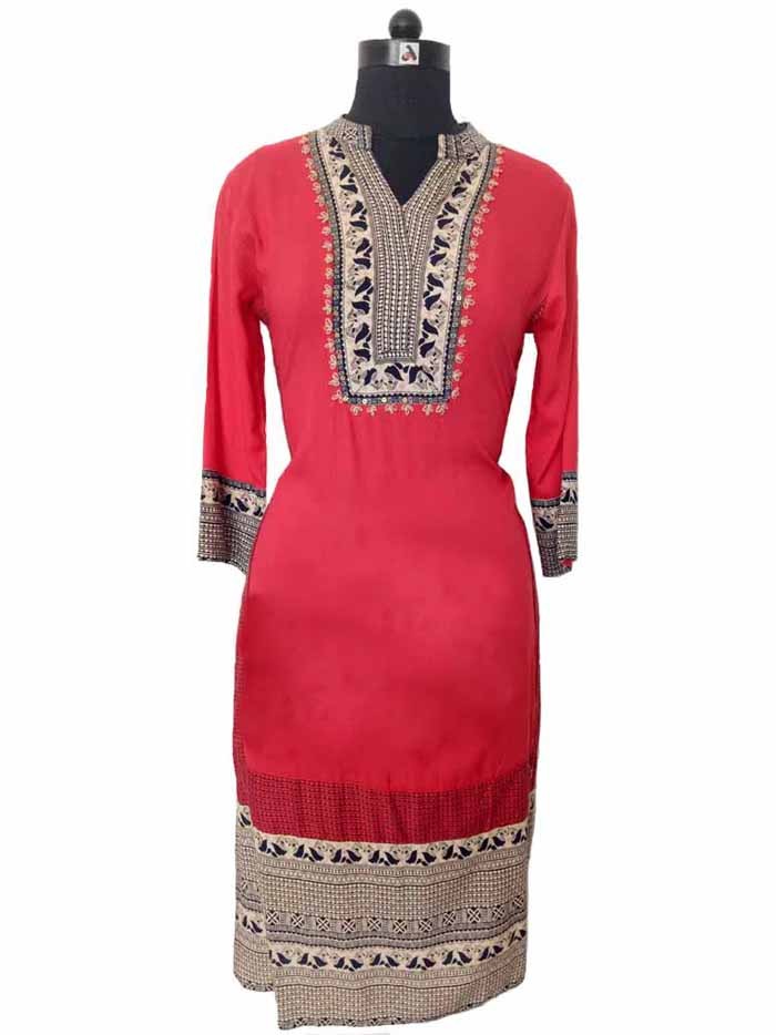 Embroidered Designer Print Rayon Straight Kurta