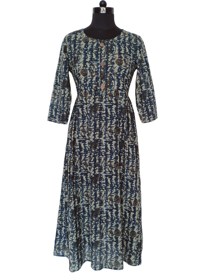 Blue Hand Katha Long Frock Style Kurta