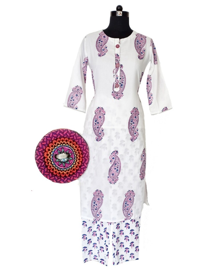 Stylish White Kurta and Pant Set with Handblock Print