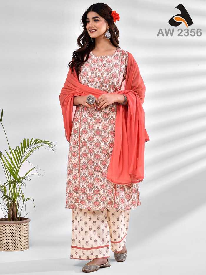 Coral Peach Cotton Full Suit With Chiffon Dupatta