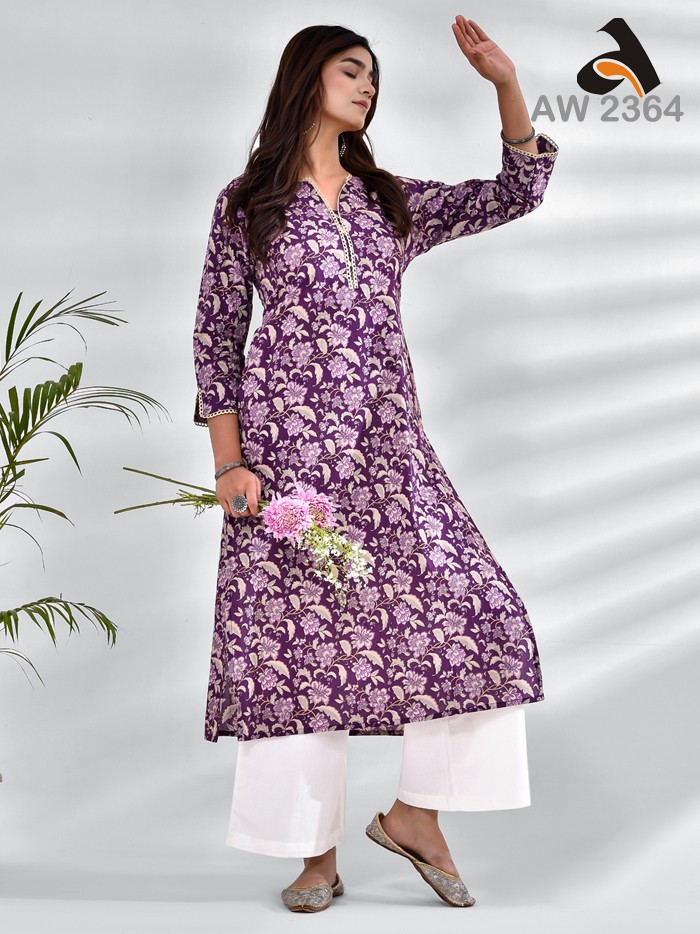 Purple Floral Jaal Print Kurta With Zari Lace