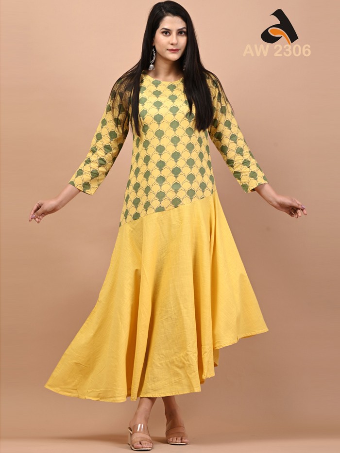 Yellow & Green Cotton Slub Asymmetrical Dress