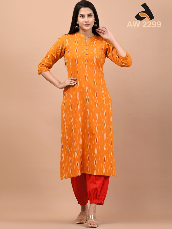 Tangerine Orange Lacy Cotton Handloom Ikkat Kurta