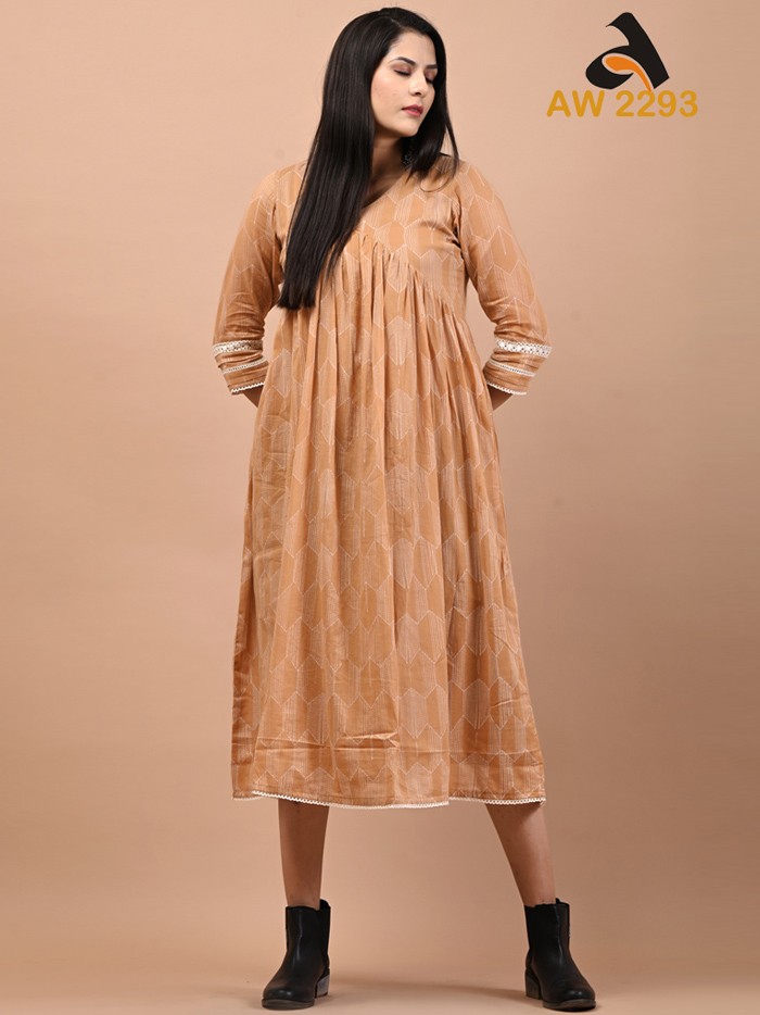 Camel Brown Cotton Mulmul Dress with Lace Details